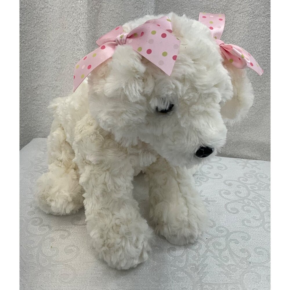 Bearington Collection Plush White Dog With Pink Bow &‎ Collar 10"